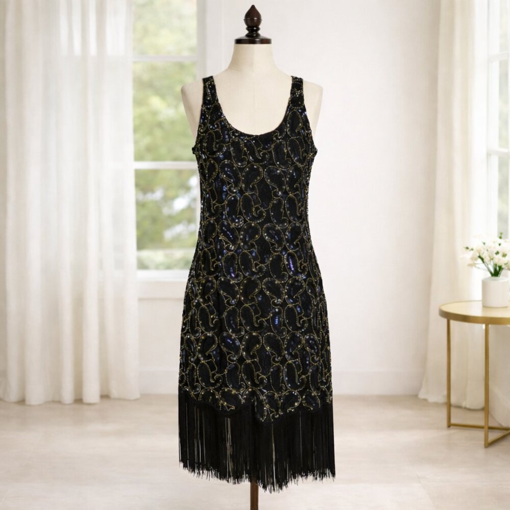 Black Sequin Fringe Cocktail Dress Size S